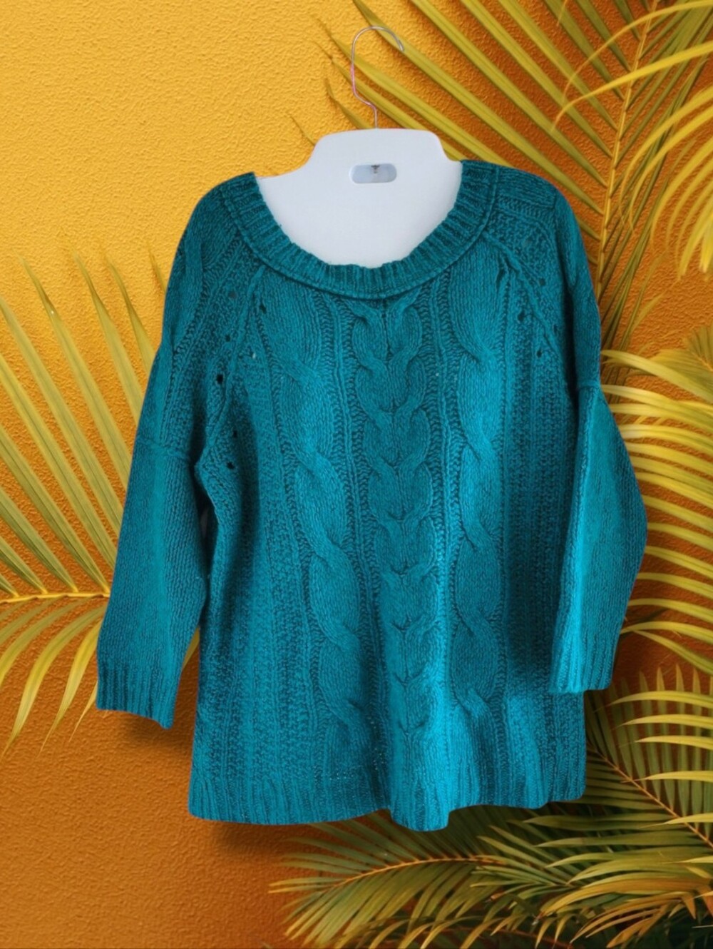 LOFT | Rich Green Cable Knit 3/4 Sleeve Wool Blend Sweater (SIZE L)